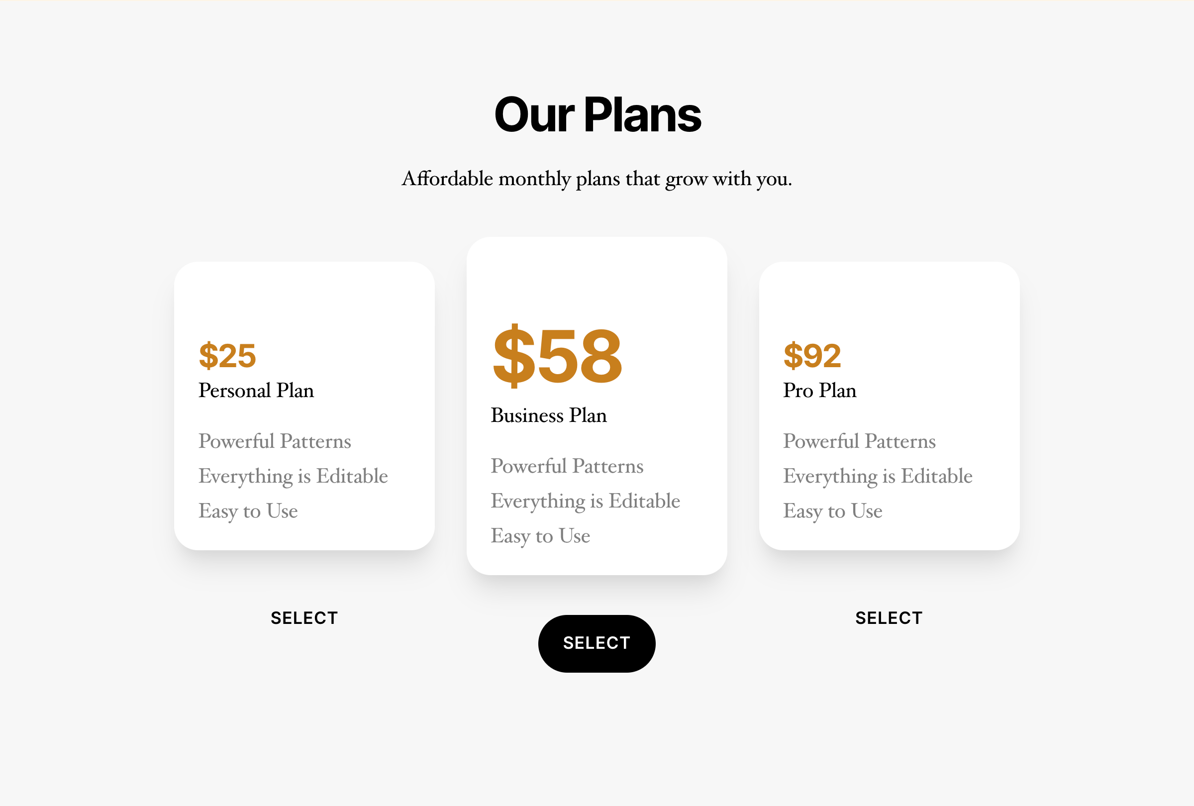 Floating Pricing Table